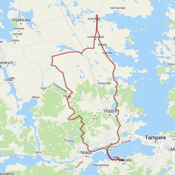 Karttaminiaatyyri "Pirkkala - Mustavuori loop" pyöräilyinspiraatiosta alueella Länsi-Suomi, Finland. Luotu Tarmacs.app pyöräilyreittisuunnittelijalla