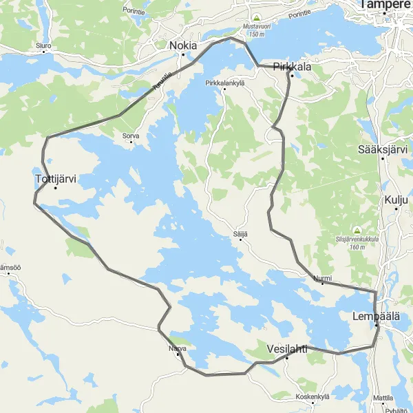 Karttaminiaatyyri "Pirkkala - Pitkäniemi loop" pyöräilyinspiraatiosta alueella Länsi-Suomi, Finland. Luotu Tarmacs.app pyöräilyreittisuunnittelijalla