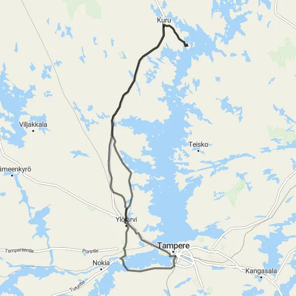 Map miniature of "Challenging Tampere Circuit" cycling inspiration in Länsi-Suomi, Finland. Generated by Tarmacs.app cycling route planner