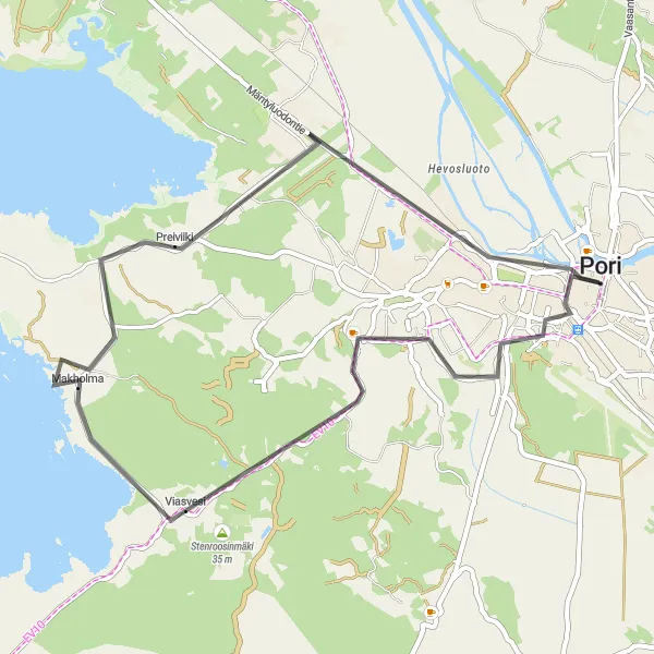 Map miniature of "Tuorsniemi and Stenroosinmäki Road Route" cycling inspiration in Länsi-Suomi, Finland. Generated by Tarmacs.app cycling route planner