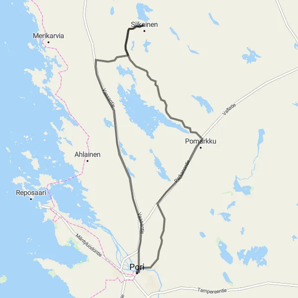 Map miniature of "Road Serenity in Pori Region" cycling inspiration in Länsi-Suomi, Finland. Generated by Tarmacs.app cycling route planner