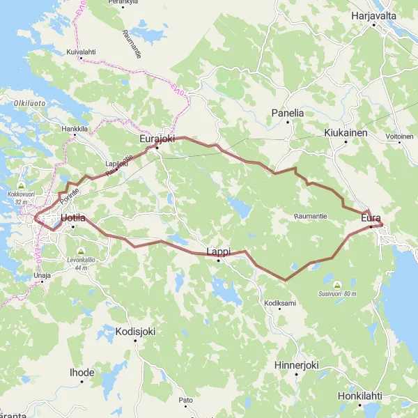 Karttaminiaatyyri "Lapijoki - Eura - Ryssänvuori reitti" pyöräilyinspiraatiosta alueella Länsi-Suomi, Finland. Luotu Tarmacs.app pyöräilyreittisuunnittelijalla