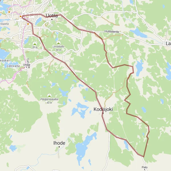 Map miniature of "Uotila, Kurjenvuori, and Old Rauma Gravel Adventure" cycling inspiration in Länsi-Suomi, Finland. Generated by Tarmacs.app cycling route planner