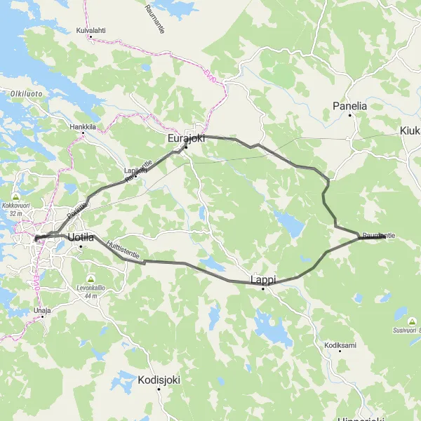 Karttaminiaatyyri "Rauman vesitorni - Kurjenvuori - Uotila" pyöräilyinspiraatiosta alueella Länsi-Suomi, Finland. Luotu Tarmacs.app pyöräilyreittisuunnittelijalla