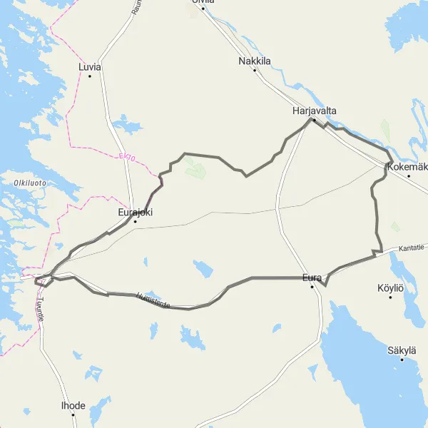 Karttaminiaatyyri "Eurajoki - Harjavalta - Rauman vesitorni kierros" pyöräilyinspiraatiosta alueella Länsi-Suomi, Finland. Luotu Tarmacs.app pyöräilyreittisuunnittelijalla