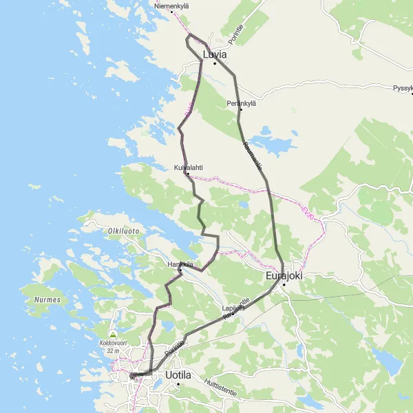 Map miniature of "Liinmaa Linna and Eurajoki Road Tour" cycling inspiration in Länsi-Suomi, Finland. Generated by Tarmacs.app cycling route planner