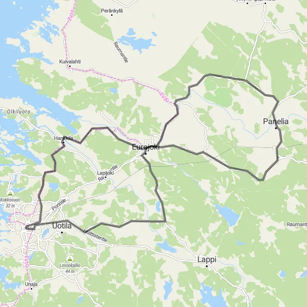 Map miniature of "Rannanvuori, Liinmaa Linna, and Old Rauma Road Journey" cycling inspiration in Länsi-Suomi, Finland. Generated by Tarmacs.app cycling route planner