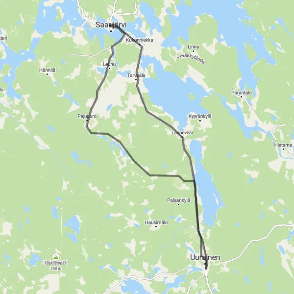 Karttaminiaatyyri "Saarijärvi - Taito-käsityökauppa - Tarvaala - Uurainen" pyöräilyinspiraatiosta alueella Länsi-Suomi, Finland. Luotu Tarmacs.app pyöräilyreittisuunnittelijalla