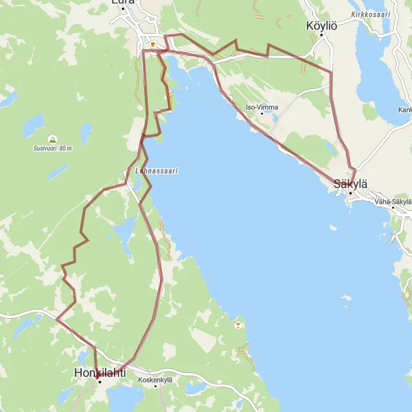 Karttaminiaatyyri "Säkylä - Huhdinkylä Gravel Loop" pyöräilyinspiraatiosta alueella Länsi-Suomi, Finland. Luotu Tarmacs.app pyöräilyreittisuunnittelijalla