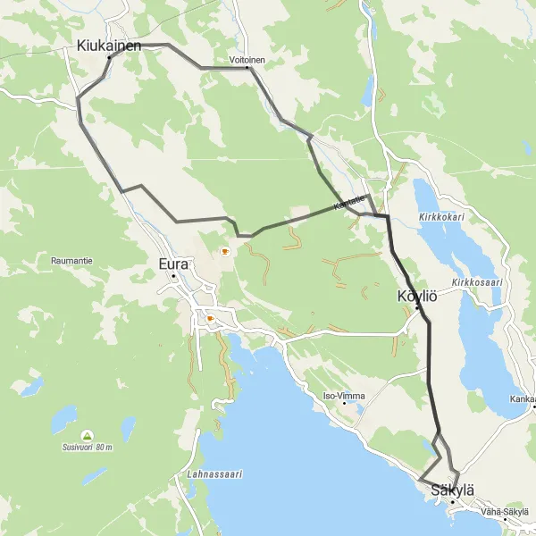 Karttaminiaatyyri "Lyhyt maantieretki Säkylän ympäristössä" pyöräilyinspiraatiosta alueella Länsi-Suomi, Finland. Luotu Tarmacs.app pyöräilyreittisuunnittelijalla