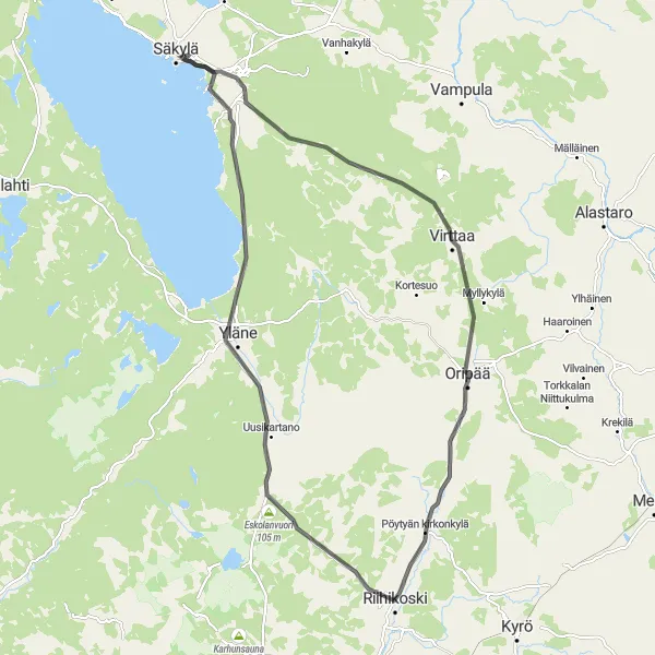 Karttaminiaatyyri "Eskolanvuori Challenge" pyöräilyinspiraatiosta alueella Länsi-Suomi, Finland. Luotu Tarmacs.app pyöräilyreittisuunnittelijalla