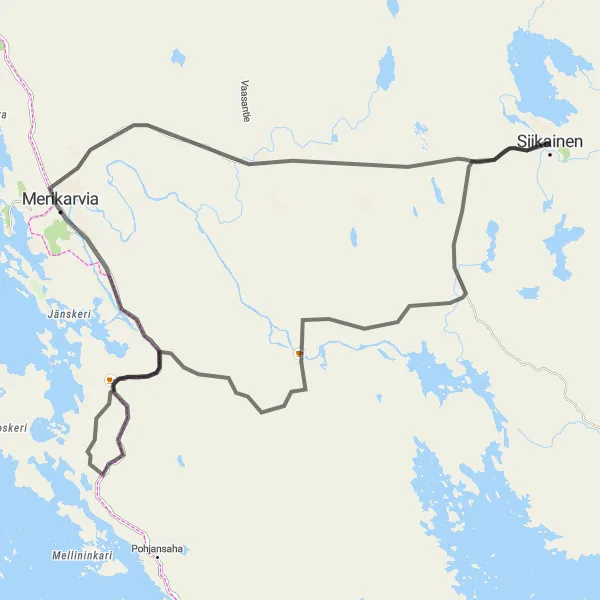 Map miniature of "Scenic Merikarvia Ride" cycling inspiration in Länsi-Suomi, Finland. Generated by Tarmacs.app cycling route planner