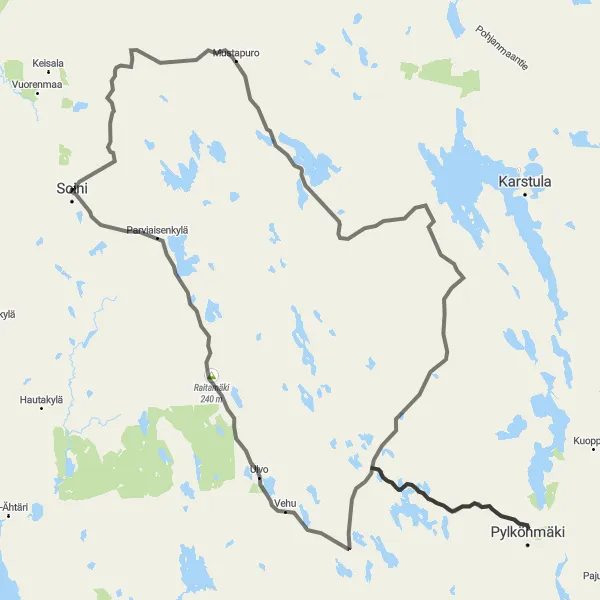 Map miniature of "Pylkönmäki and Raitamäki Road Cycling Route" cycling inspiration in Länsi-Suomi, Finland. Generated by Tarmacs.app cycling route planner