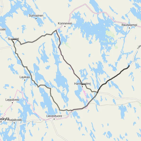 Map miniature of "Hankasalmi Road Challenge" cycling inspiration in Länsi-Suomi, Finland. Generated by Tarmacs.app cycling route planner