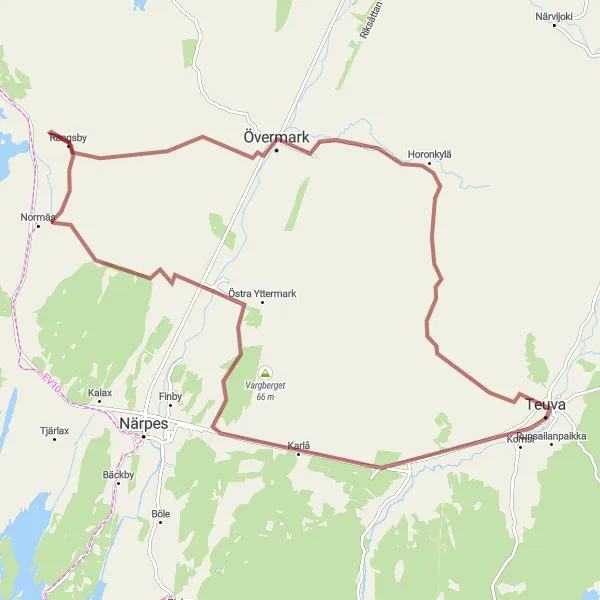 Map miniature of "Övermark Gravel Route" cycling inspiration in Länsi-Suomi, Finland. Generated by Tarmacs.app cycling route planner