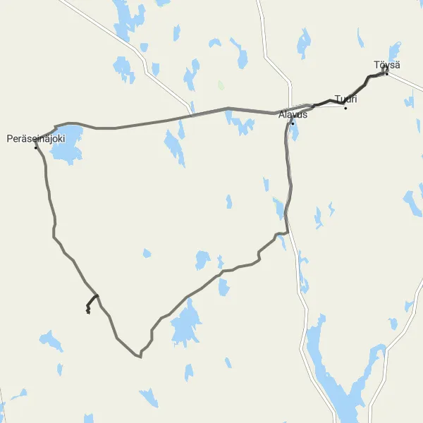 Karttaminiaatyyri "Töysä-Korpilahti Road Cycling Route" pyöräilyinspiraatiosta alueella Länsi-Suomi, Finland. Luotu Tarmacs.app pyöräilyreittisuunnittelijalla