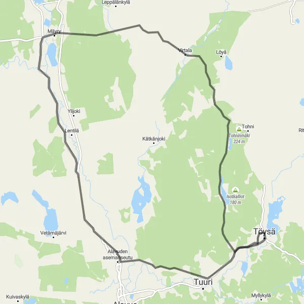 Karttaminiaatyyri "Töysä - Tuuri - Housunkylä Road Adventure" pyöräilyinspiraatiosta alueella Länsi-Suomi, Finland. Luotu Tarmacs.app pyöräilyreittisuunnittelijalla