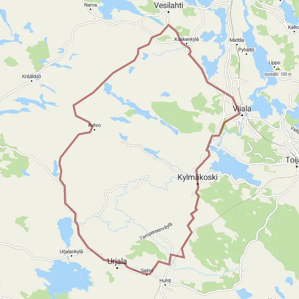 Map miniature of "Gravel Adventure in Urjala" cycling inspiration in Länsi-Suomi, Finland. Generated by Tarmacs.app cycling route planner