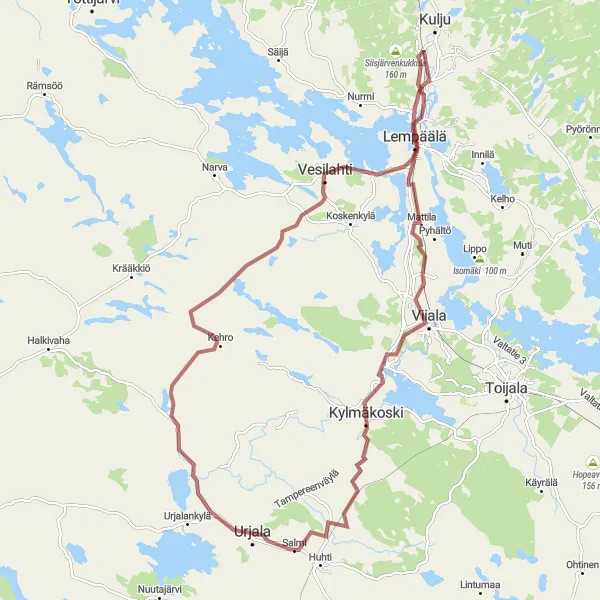 Karttaminiaatyyri "Vesilahti - Lempäälä - Lempoinen - Kylmäkoski - Urjala" pyöräilyinspiraatiosta alueella Länsi-Suomi, Finland. Luotu Tarmacs.app pyöräilyreittisuunnittelijalla