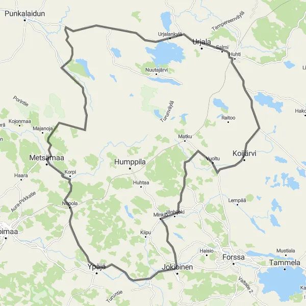 Map miniature of "Urjala to Ypäjä Loop" cycling inspiration in Länsi-Suomi, Finland. Generated by Tarmacs.app cycling route planner