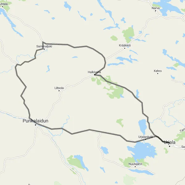 Map miniature of "Urjalankylä Adventure" cycling inspiration in Länsi-Suomi, Finland. Generated by Tarmacs.app cycling route planner