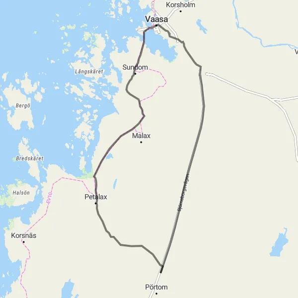 Map miniature of "Road Cycling in Vaasa" cycling inspiration in Länsi-Suomi, Finland. Generated by Tarmacs.app cycling route planner