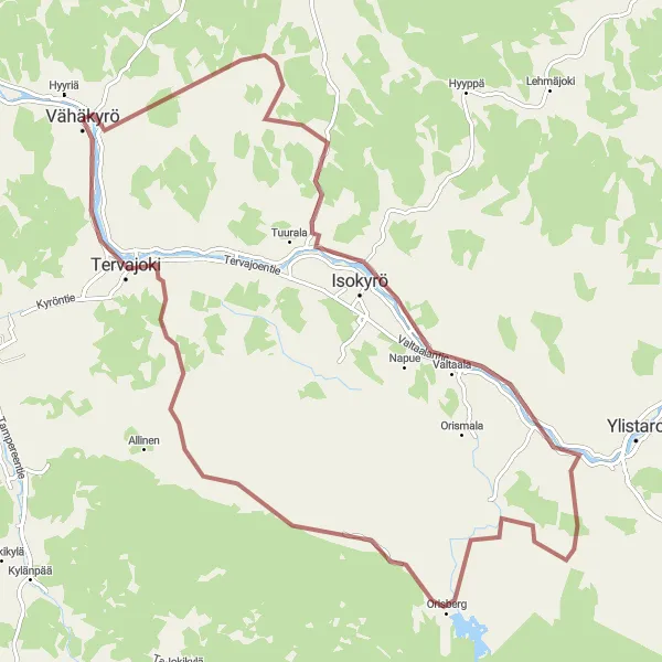 Map miniature of "Vãhãkyrõ to Tervajoki Gravel Route" cycling inspiration in Länsi-Suomi, Finland. Generated by Tarmacs.app cycling route planner