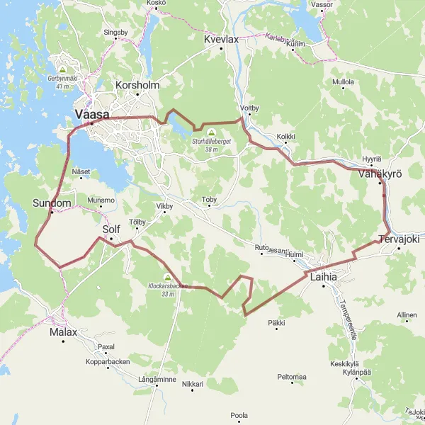 Map miniature of "Vãhãkyrõ to Vãsa Gravel Route" cycling inspiration in Länsi-Suomi, Finland. Generated by Tarmacs.app cycling route planner