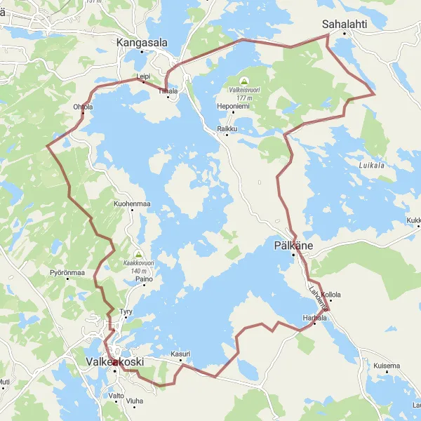 Map miniature of "Gravel Adventure: Valkeakoski to Pälkäne" cycling inspiration in Länsi-Suomi, Finland. Generated by Tarmacs.app cycling route planner