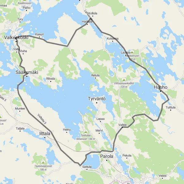 Map miniature of "Road Cycling in Valkeakoski" cycling inspiration in Länsi-Suomi, Finland. Generated by Tarmacs.app cycling route planner