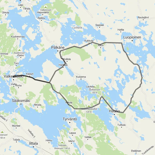 Map miniature of "Epic Valkeakoski Road Experience" cycling inspiration in Länsi-Suomi, Finland. Generated by Tarmacs.app cycling route planner