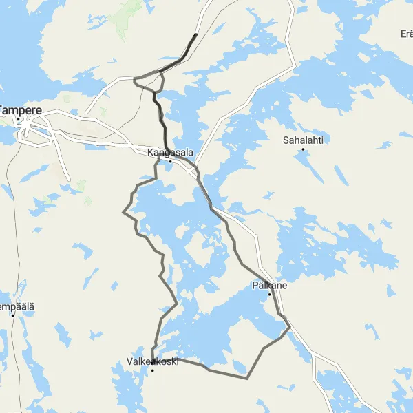 Karttaminiaatyyri "Valtava reitti Pälkäneelle" pyöräilyinspiraatiosta alueella Länsi-Suomi, Finland. Luotu Tarmacs.app pyöräilyreittisuunnittelijalla