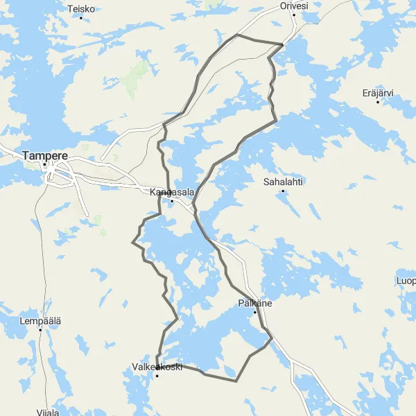 Map miniature of "Kangasala Adventure" cycling inspiration in Länsi-Suomi, Finland. Generated by Tarmacs.app cycling route planner