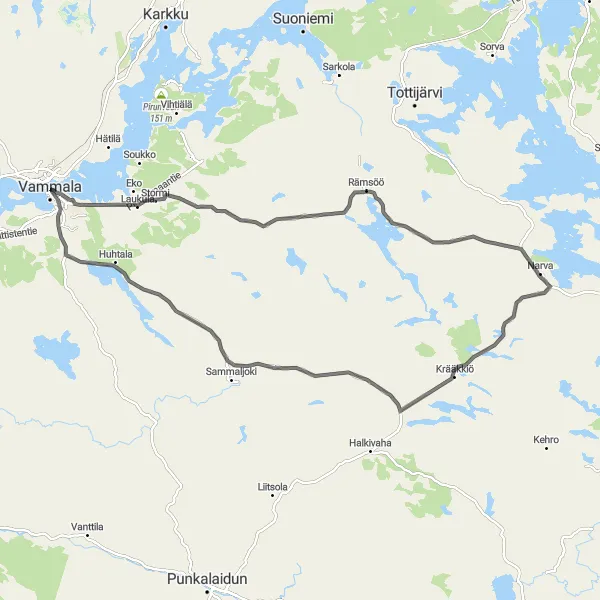 Karttaminiaatyyri "Vammala - Houhajärvi Road Cycling" pyöräilyinspiraatiosta alueella Länsi-Suomi, Finland. Luotu Tarmacs.app pyöräilyreittisuunnittelijalla