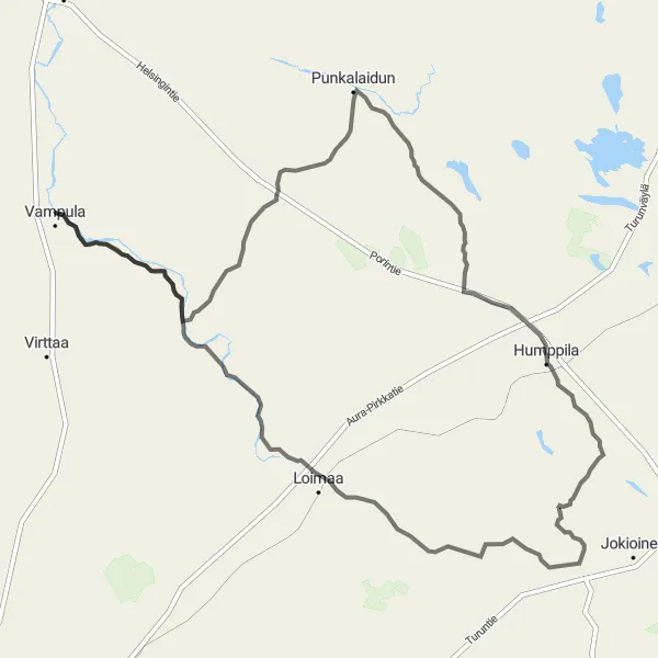 Karttaminiaatyyri "Punkalaidun-Minkiö-Ypäjä-Hirvikoski-Alastaro-Vampula Round-trip Road Route" pyöräilyinspiraatiosta alueella Länsi-Suomi, Finland. Luotu Tarmacs.app pyöräilyreittisuunnittelijalla