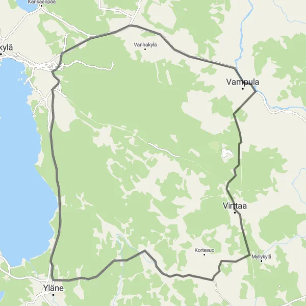 Karttaminiaatyyri "Virttaa-Yläne Road Ride" pyöräilyinspiraatiosta alueella Länsi-Suomi, Finland. Luotu Tarmacs.app pyöräilyreittisuunnittelijalla