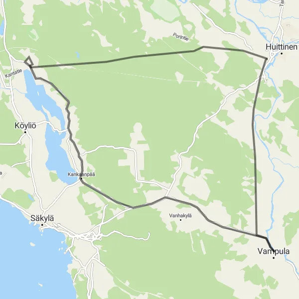 Karttaminiaatyyri "Kankaanpää-Raijala Road Adventure" pyöräilyinspiraatiosta alueella Länsi-Suomi, Finland. Luotu Tarmacs.app pyöräilyreittisuunnittelijalla