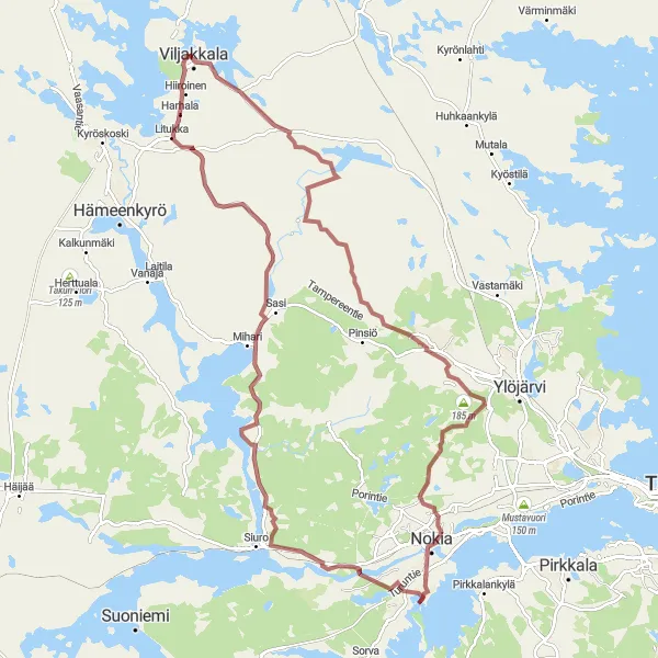 Map miniature of "The Gravel Gem" cycling inspiration in Länsi-Suomi, Finland. Generated by Tarmacs.app cycling route planner