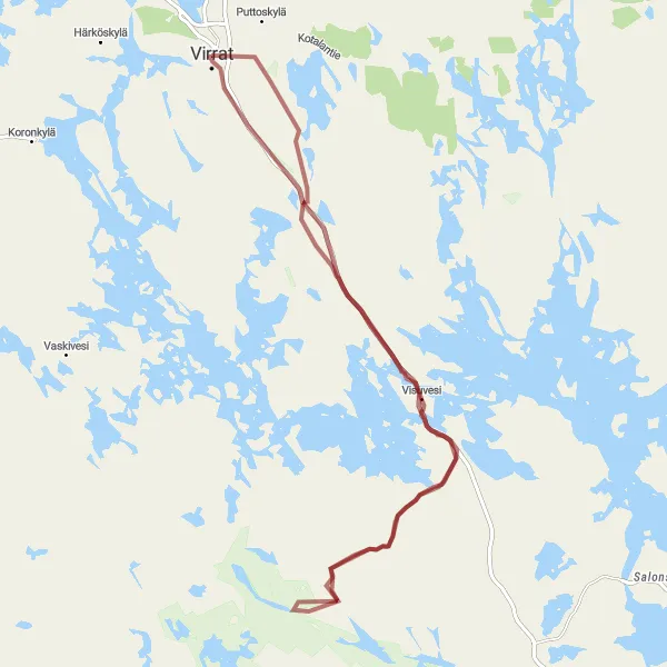 Map miniature of "Virrat Gravel Adventure" cycling inspiration in Länsi-Suomi, Finland. Generated by Tarmacs.app cycling route planner