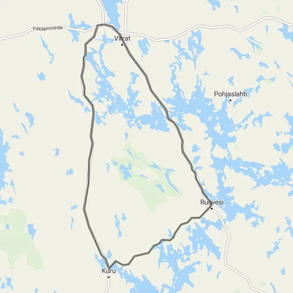 Karttaminiaatyyri "Virrat - Visuvesi - Kuru - Vaskivesi - Toisvesi - Virrat" pyöräilyinspiraatiosta alueella Länsi-Suomi, Finland. Luotu Tarmacs.app pyöräilyreittisuunnittelijalla