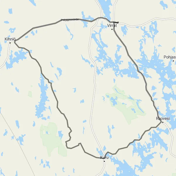 Map miniature of "Virrat-Kuru Adventure" cycling inspiration in Länsi-Suomi, Finland. Generated by Tarmacs.app cycling route planner