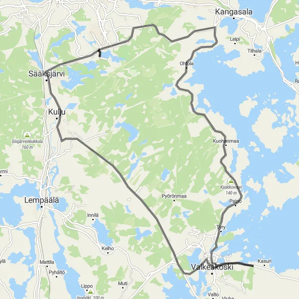 Karttaminiaatyyri "Myllyvuori ja Valkeakoski kierros" pyöräilyinspiraatiosta alueella Länsi-Suomi, Finland. Luotu Tarmacs.app pyöräilyreittisuunnittelijalla