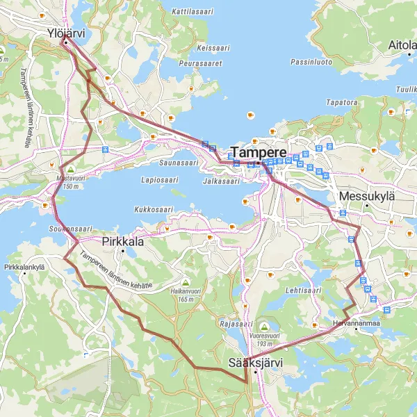 Karttaminiaatyyri "Kiertue Näsineula-Tampere-Myllyvuori-Vuores-Mustavuori-Tohloppi-Ylöjärvi" pyöräilyinspiraatiosta alueella Länsi-Suomi, Finland. Luotu Tarmacs.app pyöräilyreittisuunnittelijalla