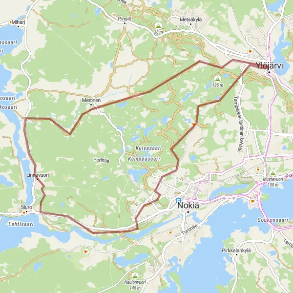 Karttaminiaatyyri "Ylöjärvi - Taka-Lauttala - Korvola - Lintutorni - Ylöjärvi" pyöräilyinspiraatiosta alueella Länsi-Suomi, Finland. Luotu Tarmacs.app pyöräilyreittisuunnittelijalla