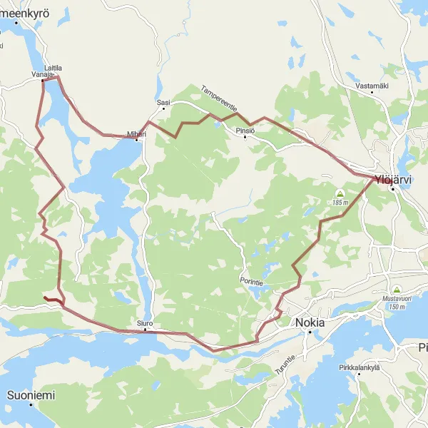 Karttaminiaatyyri "Ylöjärvi - Siuro - Lintutorni - Metsäkylä - Ylöjärvi" pyöräilyinspiraatiosta alueella Länsi-Suomi, Finland. Luotu Tarmacs.app pyöräilyreittisuunnittelijalla