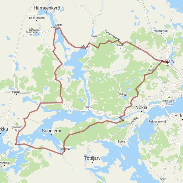 Map miniature of "Ylöjärvi - Taka-Lauttala - Sarkola - Otamuksen laavu - Tyyttikivi - Metsäkylä" cycling inspiration in Länsi-Suomi, Finland. Generated by Tarmacs.app cycling route planner