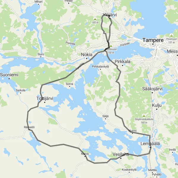 Karttaminiaatyyri "Ylöjärvi - Tottijärvi - Mustavuori - Ikuri" pyöräilyinspiraatiosta alueella Länsi-Suomi, Finland. Luotu Tarmacs.app pyöräilyreittisuunnittelijalla