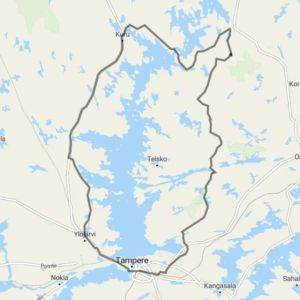 Map miniature of "Ylöjärvi - Mutala - Kuru - Tokosenvuori - Murole - Hepovuori - Tampere - Näsinneula - Lamminpää" cycling inspiration in Länsi-Suomi, Finland. Generated by Tarmacs.app cycling route planner