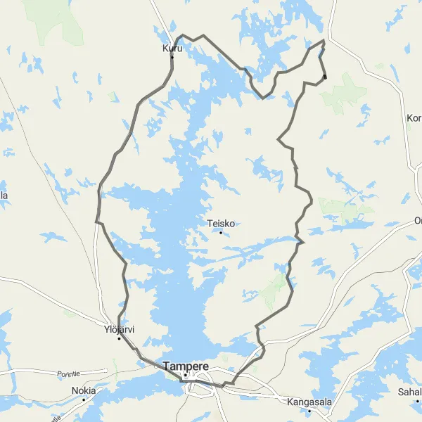 Karttaminiaatyyri "Ylöjärvi - Kuru - Tokosenvuori - Murole - Lamminpää" pyöräilyinspiraatiosta alueella Länsi-Suomi, Finland. Luotu Tarmacs.app pyöräilyreittisuunnittelijalla