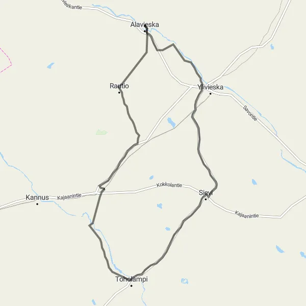 Map miniature of "Alavieska to Puuhkala to Sievi to Toholampi to Eskola to Kähtävä Round-Trip Route" cycling inspiration in Pohjois- ja Itä-Suomi, Finland. Generated by Tarmacs.app cycling route planner